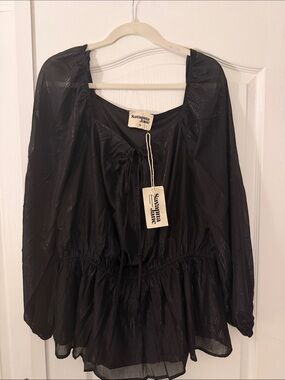 Savanna Jane Black Sheer Tie-Front Peasant Top with silver shimmer Size 1X NWT
